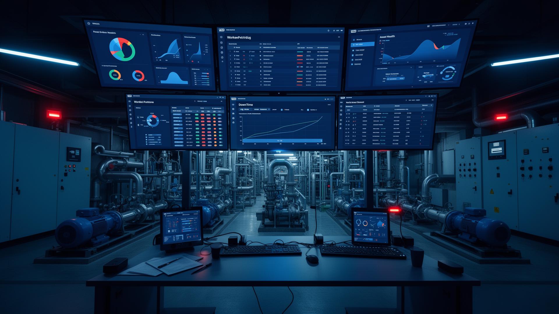 Industrial maintenance control room with asset health and work order dashboards.