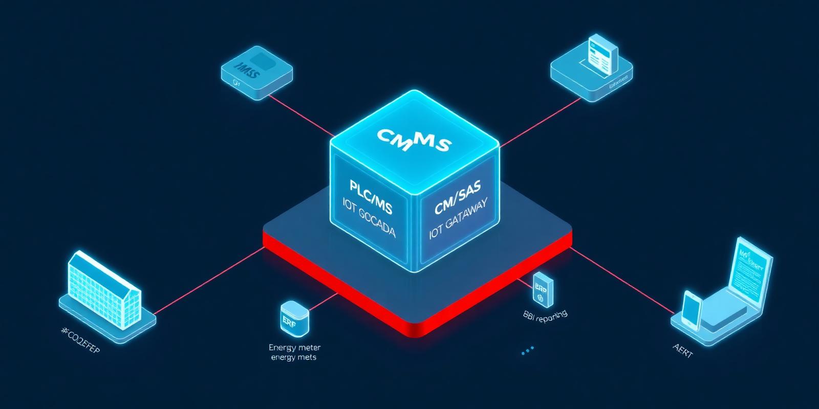 CMMS hub integrated with PLC/SCADA, IoT, energy meters, ERP and alerts.