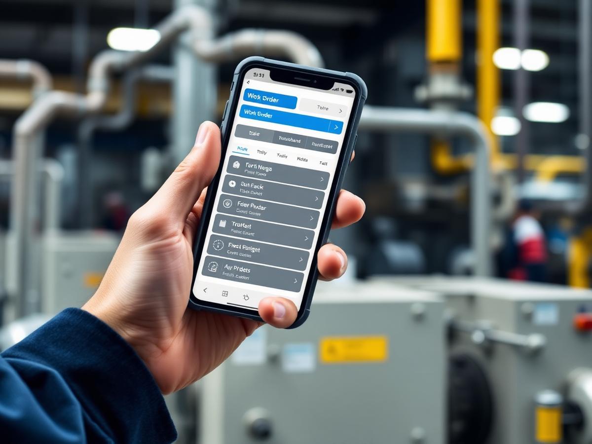Field technician using a rugged mobile device with a digital work order checklist.