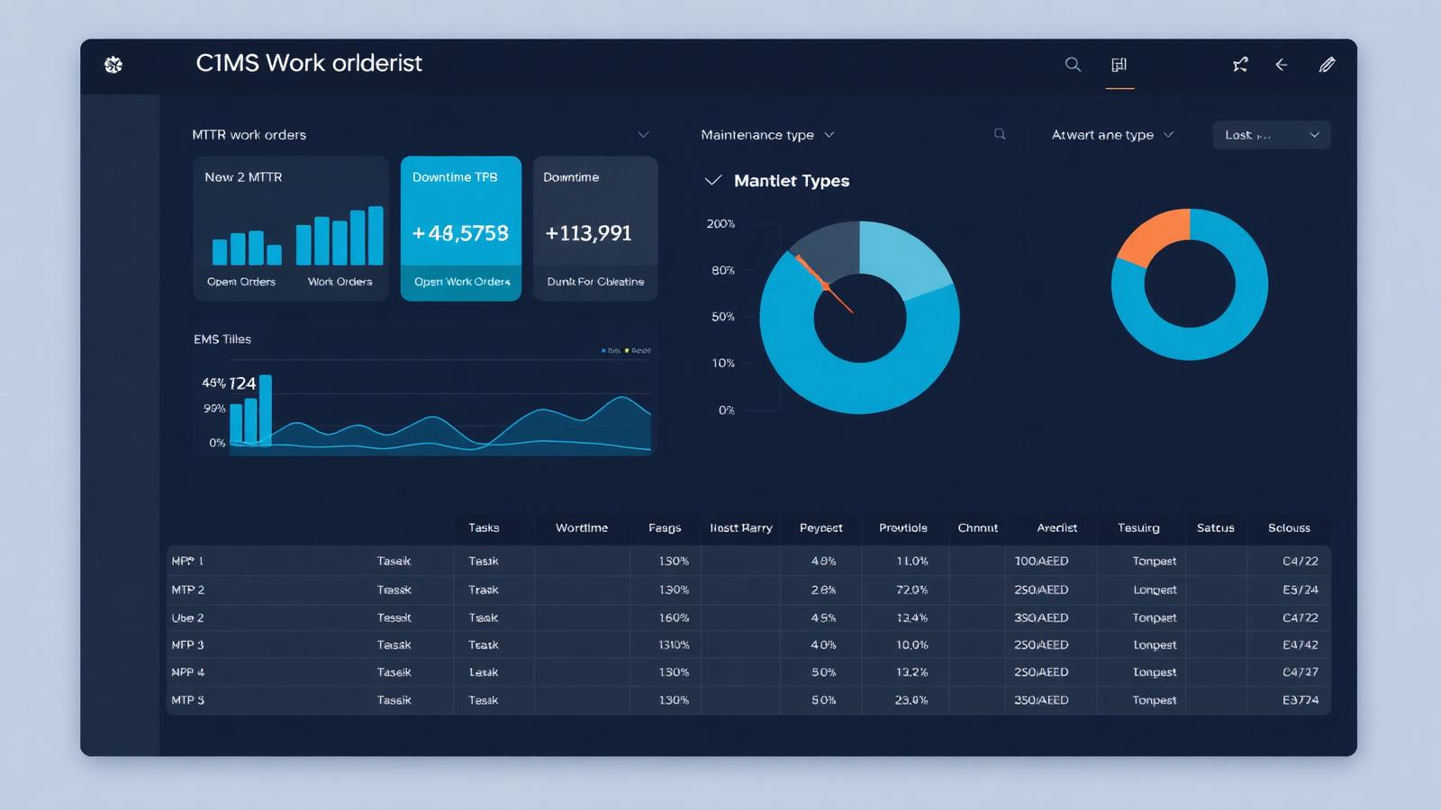 CMMS work order dashboard with MTTR, MTBF, downtime and maintenance type analytics.
