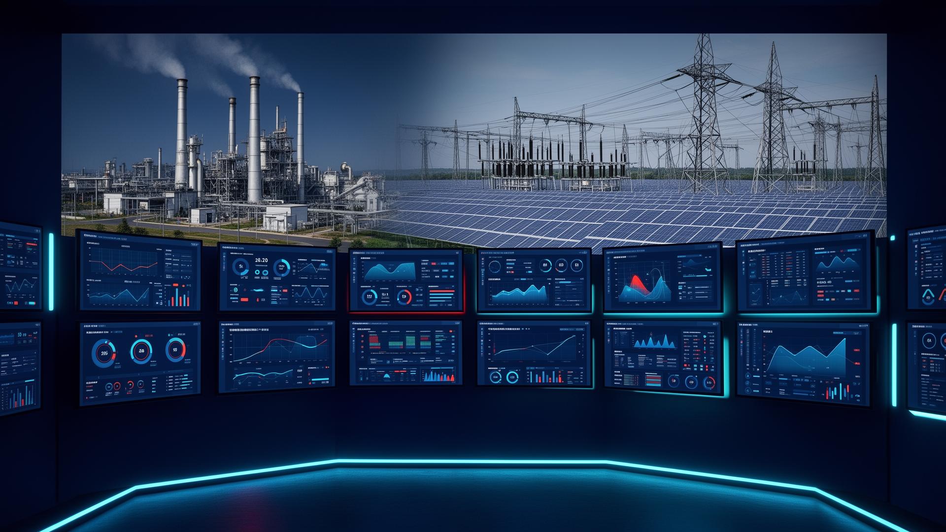Industrial energy management dashboard with factory, grid, solar, and utility monitoring.