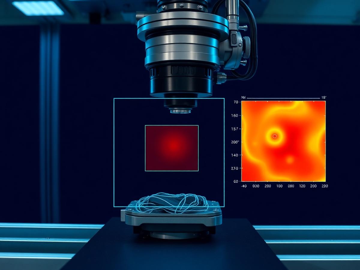 Industrial vision camera with AI defect detection overlay on a part.